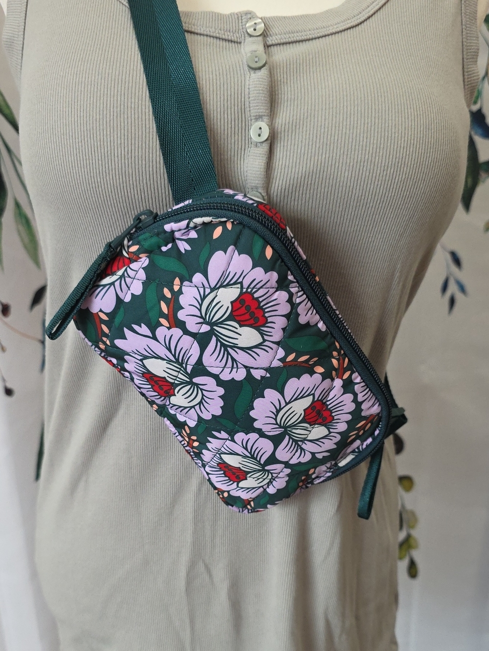 Vera Bradley Floral Crossbody Bag in Dark Green with Pink Blooms